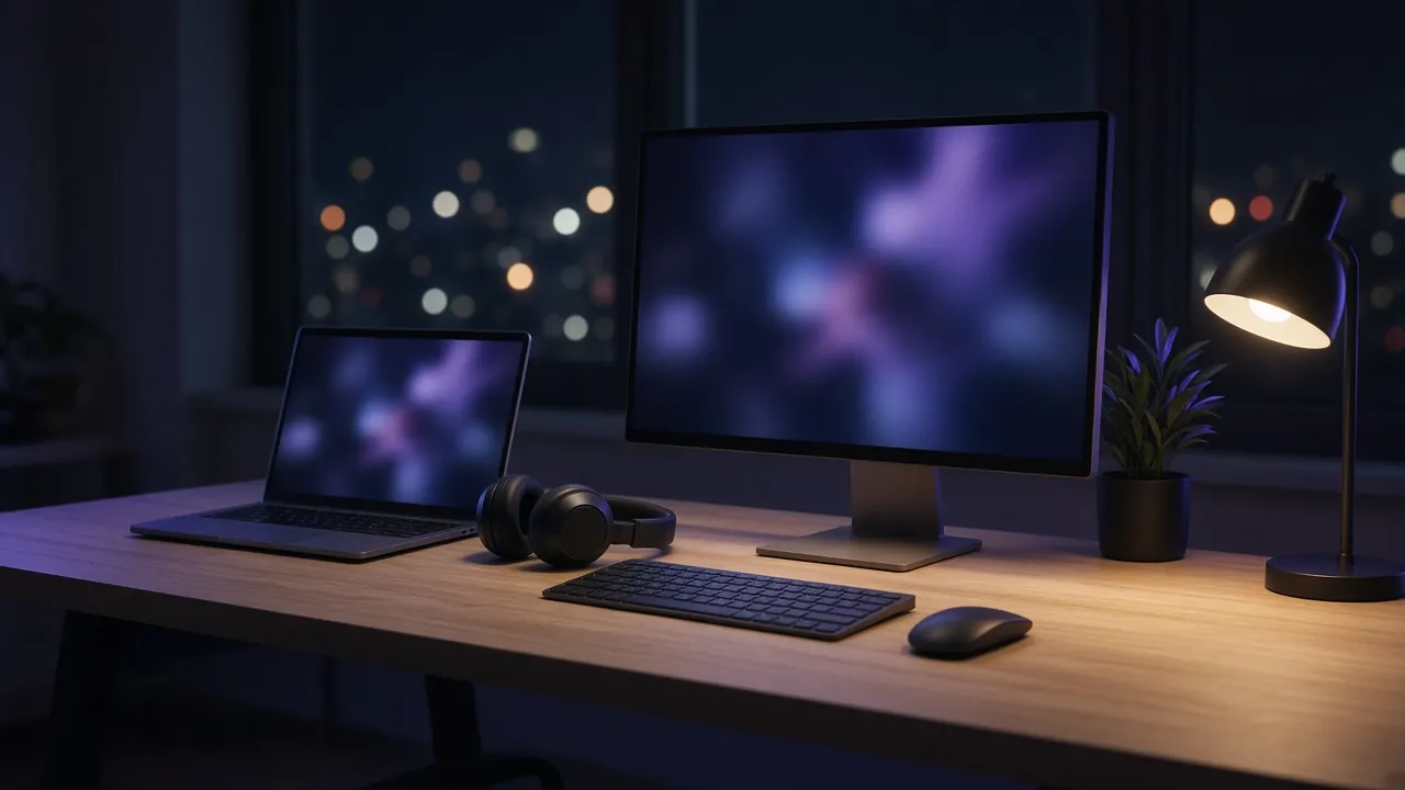 A tidy remote workstation at night with a laptop and monitor on an oak desk, a headset and a desk lamp