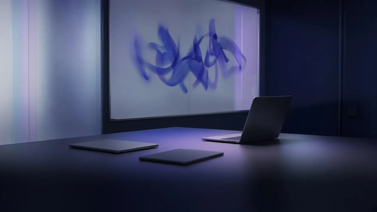 A minimalist meeting table with laptops in front of a glass board with soft indigo shapes