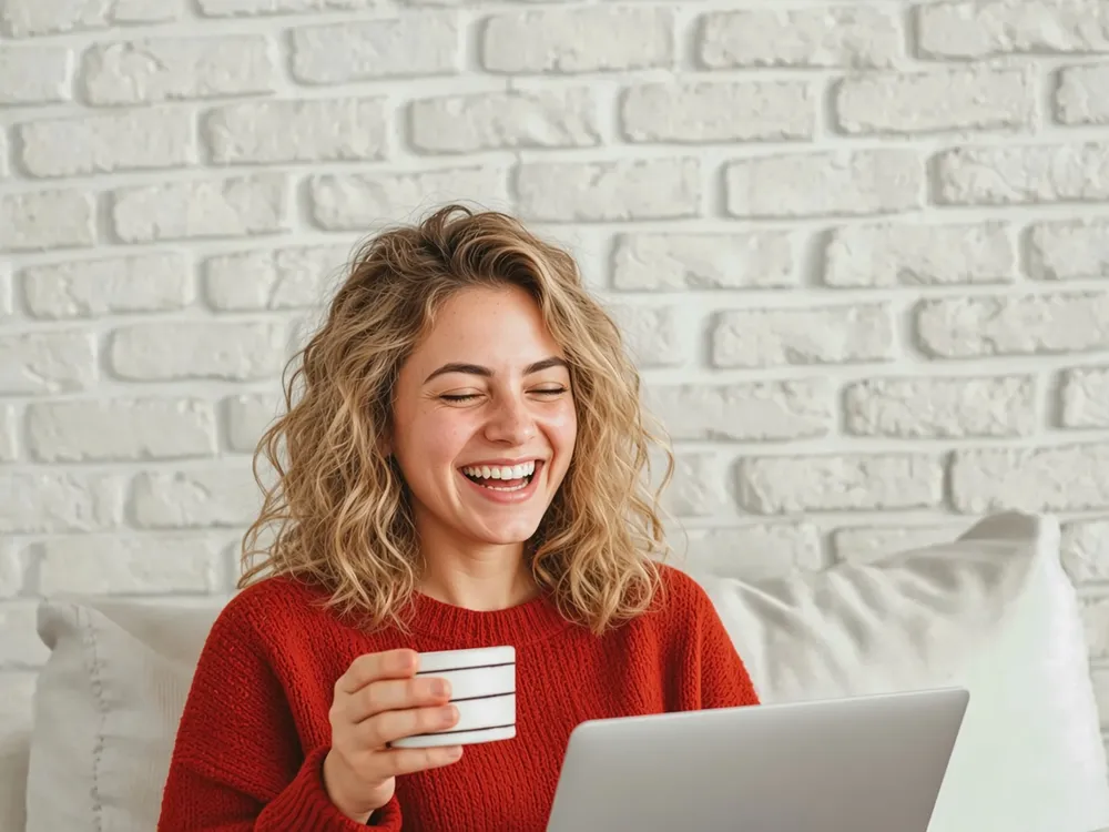 A woman in a red sweater laughing while holding a cup of coffee