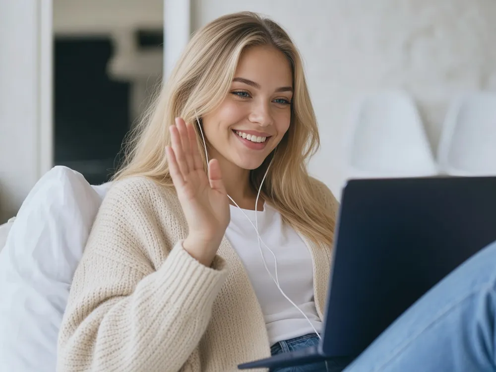 A smiling woman waving on a video call from her laptop